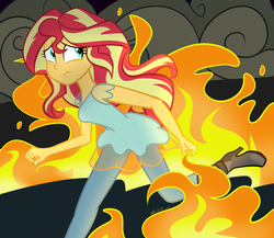 Size: 1024x890 | Tagged: dead source, safe, artist:wubcakeva, sunset shimmer, equestria girls, g4, boots, clothes, female, fire, high heel boots, looking back, pants, running, solo, sweat