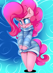 Size: 2100x2900 | Tagged: safe, artist:madacon, pinkie pie, earth pony, anthro, unguligrade anthro, g4, blushing, chibi, clothes, color porn, cute, diapinkes, female, high res, looking up, open mouth, solo, sweater