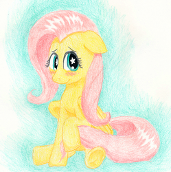 Size: 896x900 | Tagged: safe, artist:friendshipishorses, fluttershy, g4, blushing, colored pencil drawing, female, floppy ears, folded wings, looking at you, raised hoof, sitting, solo, starry eyes, traditional art, wingding eyes