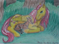 Size: 600x449 | Tagged: safe, artist:spiritedlittlepony, fluttershy, deer, fawn, pegasus, pony, g4, female, solo, traditional art, watermark