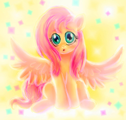 Size: 1486x1417 | Tagged: safe, artist:loveless-nights, fluttershy, pegasus, pony, g4, abstract background, female, front view, full face view, looking at you, mare, open mouth, sitting, solo, spread wings, stray strand, wings