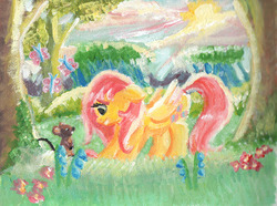 Size: 1294x964 | Tagged: safe, artist:loveless-nights, fluttershy, butterfly, mouse, pegasus, pony, g4, acrylic painting, canvas, female, floppy ears, folded wings, forest, looking at something, looking down, mare, outdoors, paint, painting, profile, smiling, solo, standing, traditional art, tree, wings