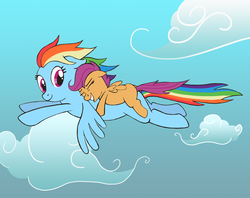 Size: 3096x2448 | Tagged: safe, artist:ambergerr, rainbow dash, scootaloo, g4, cloud, flying, high res, scootalove