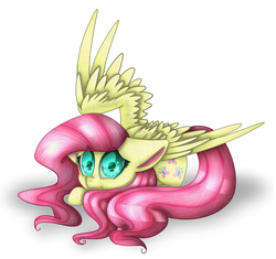 Size: 1468x1378 | Tagged: safe, artist:skashigame, fluttershy, g4, female, floppy ears, looking at you, nervous, prone, simple background, solo, spread wings, white background