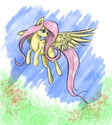 Size: 1700x1900 | Tagged: safe, artist:debbygattathebest, fluttershy, g4, female, flying, looking away, looking down, solo, spread wings