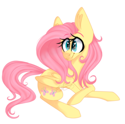 Size: 1024x1016 | Tagged: safe, artist:sambathebunny, fluttershy, pegasus, pony, g4, crossed hooves, female, folded wings, looking at you, prone, signature, simple background, smiling, solo, transparent background, turned head, wings