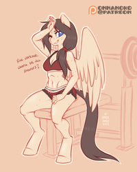 Size: 960x1200 | Tagged: safe, artist:onnanoko, oc, oc only, oc:steelshine, pegasus, anthro, unguligrade anthro, breasts, cleavage, clothes, female, gym, midriff, patreon, patreon logo, rule 63, solo, sports bra, sweat