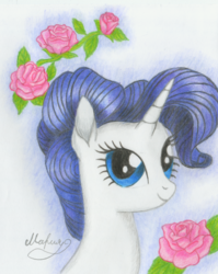 Size: 2383x3000 | Tagged: safe, artist:mariafauna, rarity, g4, alternate hairstyle, female, flower, high res, rose, signature, solo, traditional art