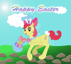 Size: 1024x926 | Tagged: safe, artist:faerie-starv, apple bloom, g4, bunny ears, bunny tail, easter, easter egg, fake cutie mark, female, solo, watermark