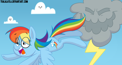 Size: 1120x600 | Tagged: safe, artist:tralalayla, rainbow dash, g4, cloud, female, flying, lightning, solo, stormcloud