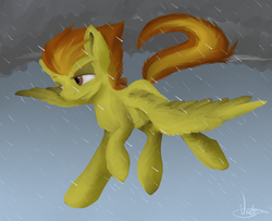 Size: 1024x832 | Tagged: safe, artist:violyre, spitfire, pegasus, pony, g4, female, flying, rain, solo