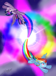 Size: 1100x1500 | Tagged: safe, artist:phoenixgoldensilver, rainbow dash, twilight sparkle, alicorn, pony, g4, flying, sonic rainboom, sonic sparkboom, twilight sparkle (alicorn)
