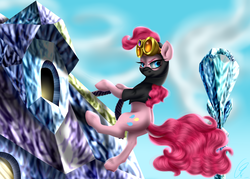 Size: 5040x3600 | Tagged: safe, artist:crazyaniknowit, pinkie pie, g4, the crystal empire, absurd resolution, female, pinkie spy, rappelling, scene interpretation, solo