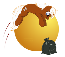 Size: 809x710 | Tagged: safe, artist:haretrinity, silver spanner, pony, unicorn, g4, cute, happy, hunter, pounce, simple background, solo, transparent background, trash bag
