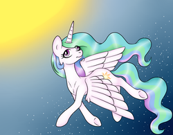 Size: 1748x1364 | Tagged: safe, artist:vivi04264, princess celestia, g4, female, flying, solo, sun, underhoof