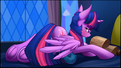 Size: 1920x1080 | Tagged: safe, artist:xn-d, twilight sparkle, alicorn, pony, g4, blushing, embarrassed, female, pillow, prone, reading, scroll, solo, spread wings, twilight sparkle (alicorn), twilight's castle, underhoof, wingboner
