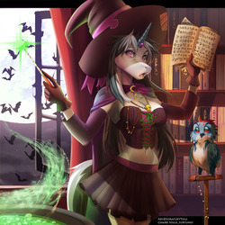 Size: 1000x1000 | Tagged: dead source, safe, artist:sorafoxyteils, oc, oc only, oc:solus, bat, owl, anthro, book, bookshelf, breasts, clothes, corset, costume, female, hat, magic, moon, runes, skirt, skull, solo, spellbook, witch hat