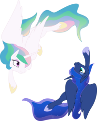 Size: 2399x3000 | Tagged: safe, artist:theshadowstone, princess celestia, princess luna, alicorn, pony, g4, duo, flying, high res, royal sisters, simple background, transparent background, yin-yang