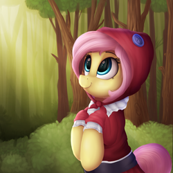 Size: 2000x2000 | Tagged: safe, artist:vanillaghosties, fluttershy, pegasus, pony, g4, bipedal, clothes, crossover, cute, female, forest, high res, hood, hooves to the chest, little red riding hood, outdoors, shyabetes, skirt, smiling, solo, three quarter view
