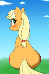 Size: 2777x4220 | Tagged: safe, artist:iscord, applejack, g4, applebutt, blushing, both cutie marks, butt, female, heart eyes, high res, looking back, plot, rear view, sitting, solo, wingding eyes