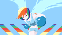 Size: 1920x1080 | Tagged: safe, artist:7doran, rainbow dash, human, g4, armpits, boxing, boxing gloves, clothes, ethereal wings, female, first person view, humanized, looking at you, midriff, muscles, offscreen character, pov, punch, smirk, solo, sports bra, sports shorts, tank top