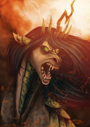 Size: 1485x2100 | Tagged: safe, artist:zubirus, queen chrysalis, changeling, changeling queen, g4, female, open mouth, solo