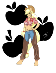 Size: 2550x3300 | Tagged: safe, artist:edoki, applejack, earth pony, anthro, unguligrade anthro, g4, belly button, breasts, chaps, cleavage, clothes, cutie mark background, female, front knot midriff, hand on hip, high res, jeans, looking at you, midriff, pants, simple background, smiling, solo, standing, transparent background