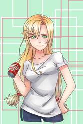 Size: 640x960 | Tagged: safe, artist:161141, applejack, human, g4, can, clothes, female, humanized, looking at you, pants, solo