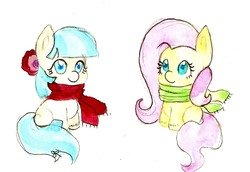 Size: 1016x697 | Tagged: safe, artist:chiuuchiuu, coco pommel, fluttershy, g4, clothes, missing cutie mark, scarf, traditional art