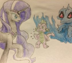 Size: 800x710 | Tagged: safe, artist:fallenangel5414, larry, nightmare rarity, shadowfright, spike, dragon, nightmare forces, g4, spoiler:comic, request, traditional art