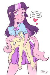 Size: 1289x1905 | Tagged: safe, artist:php93, derpibooru exclusive, fluttershy, twilight sparkle, pony, equestria girls, g4, cute, dialogue, filly, filly fluttershy, heart, holding a pony, horses doing horse things, human and pony, shyabetes, simple background, white background, younger
