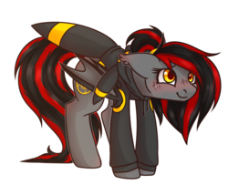 Size: 2654x2158 | Tagged: safe, artist:ruef, oc, oc only, oc:tomoko tanue, bat pony, pony, umbreon, 2021 community collab, derpibooru community collaboration, fallout equestria, clothes, female, high res, hoodie, mare, pokémon, ponytail, simple background, solo, transparent background