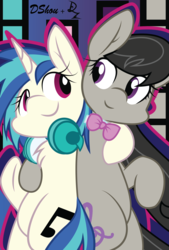 Size: 2157x3193 | Tagged: safe, artist:drzedworth, artist:dshou, dj pon-3, octavia melody, vinyl scratch, earth pony, pony, unicorn, g4, bowtie, chest fluff, collaboration, cute, duo, female, headphones, high res, horn, hug, looking at each other, looking at someone, mare, ship:scratchtavia, shipping, signature, smiling, tavibetes, vinylbetes