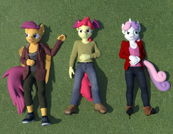Size: 1963x1527 | Tagged: safe, artist:jawolfadultishart, apple bloom, scootaloo, sweetie belle, anthro, plantigrade anthro, g4, 3d, clothes, cute, cutie mark crusaders, daz studio, lying down, not sfm, on back, relaxing