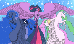 Size: 4129x2504 | Tagged: safe, artist:phantomnova189, princess celestia, princess luna, twilight sparkle, alicorn, pony, g4, high res, hoers, impossibly large wings, older, older twilight, realistic, twilight sparkle (alicorn)