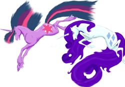 Size: 1165x814 | Tagged: safe, artist:phantomnova189, rarity, twilight sparkle, g4, hoers, jumping, realistic, simple background