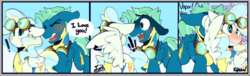 Size: 748x227 | Tagged: safe, artist:kribbles, sky stinger, vapor trail, pegasus, pony, g4, blushing, clothes, comic, confession, cute, dialogue, duo, embarrassed, exclamation point, eyes closed, female, floppy ears, goggles, heart, i love you, male, mare, nose wrinkle, open mouth, ship:vaporsky, shipping, stallion, straight, uniform, wavy mouth, wonderbolt trainee uniform