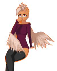 Size: 2155x2686 | Tagged: safe, artist:owlnon, oc, oc only, oc:ruby rustfeather, anthro, clothes, crossed legs, high res, simple background, solo, stockings, sweater, thigh highs, transparent background, wings