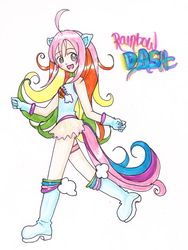 Size: 1969x2617 | Tagged: safe, artist:mosspluse, rainbow dash (g3), human, anthro, g3, blushing, boots, clothes, eared humanization, female, g3betes, gloves, humanized, skirt, solo, tailed humanization, traditional art