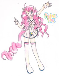 Size: 2141x2766 | Tagged: safe, artist:mosspluse, pinkie pie (g3), human, anthro, g3, clothes, eared humanization, female, high res, humanized, solo, tailed humanization, traditional art