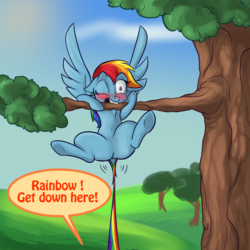 Size: 800x800 | Tagged: safe, artist:alorix, rainbow dash, pegasus, pony, g4, biting, blushing, butt, clinging, dock, female, implied applejack, plot, tail pull, tree, tree branch