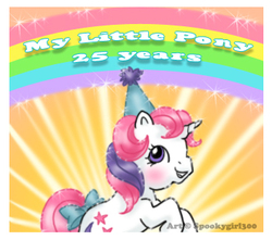 Size: 351x310 | Tagged: safe, artist:spookygirl300, baby moondancer, g1, anniversary, female, hat, party hat, rainbow, solo