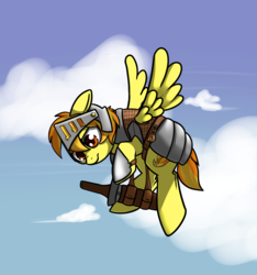 Size: 1280x1368 | Tagged: safe, artist:neuro, spitfire, pegasus, pony, g4, anti-boop armor, armor, female, floppy ears, flying, guardsmare, helmet, mare, royal guard, scrunchy face, sky, solo, sword, weapon