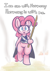 Size: 1200x1700 | Tagged: safe, artist:heir-of-rick, pinkie pie, earth pony, pony, g4, bipedal, cape, chirrut imwe, clothes, crossover, female, looking at you, no pupils, quote, rogue one: a star wars story, solo, stick