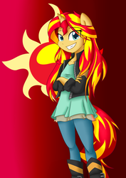 Size: 2480x3507 | Tagged: safe, artist:zeskii, sunset shimmer, equestria girls, g4, boots, buckle, clothes, crossed arms, eared humanization, equestria girls outfit, female, high heel boots, high res, horn, horned humanization, human facial structure, jacket, leather jacket, pants, ponied up, remastered, smirk, solo, tail, tailed humanization