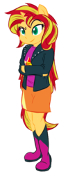 Size: 270x688 | Tagged: safe, artist:zeskii, sunset shimmer, anthro, equestria girls, g4, boots, clothes, colored pupils, equestria girls outfit, female, high heel boots, human facial structure, jacket, leather jacket, pony ears, simple background, skirt, smirk, solo, transparent background