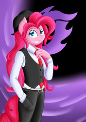 Size: 2480x3507 | Tagged: safe, artist:zeskii, pinkie pie, earth pony, anthro, g4, clothes, female, hat, high res, kamen rider, kamen rider double, kamen rider w, pants, shotaro hidari, solo