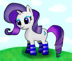 Size: 933x800 | Tagged: safe, artist:cabrony, derpibooru exclusive, rarity, g4, clothes, cloud, cloudy, female, grass, socks, solo, striped socks