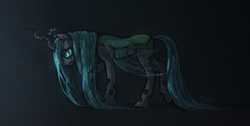 Size: 1500x756 | Tagged: dead source, safe, artist:elesteyzis, queen chrysalis, changeling, changeling queen, g4, crown, crying, female, jewelry, regalia, sad, solo, walking