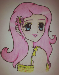 Size: 1920x2427 | Tagged: safe, artist:metalamethyst, fluttershy, human, g4, bust, clothes, dress, female, humanized, portrait, solo, swivel neck, traditional art
